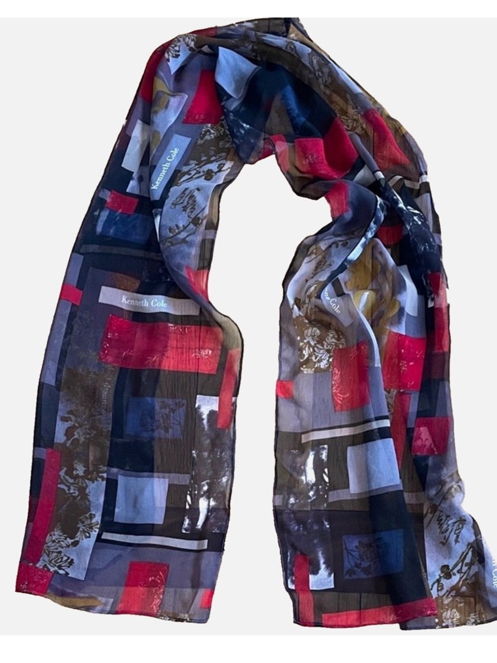 Kenneth Cole 100% Silk Scarf Abstract Geometric Multicolor Made in USA Red Gold